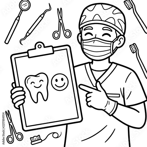 Dentist coloring page with tooth clipboard and tools