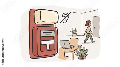 Accessible fire alarm strobe light illustration for deaf and hard of hearing safety in a modern office setting