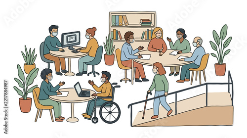 Diverse office workers wearing face masks collaborating in an inclusive workspace with wheelchair ramp and accessible design features