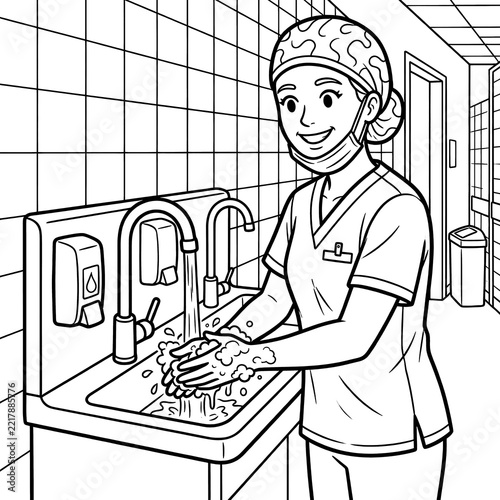 Nurse washing hands line art coloring page