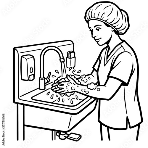 Medical worker washing hands outline illustration