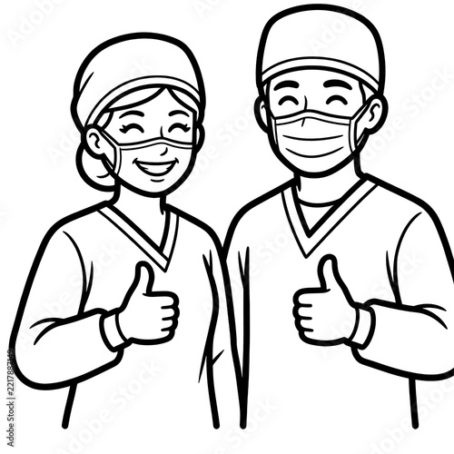 Male and female doctors giving thumbs up line art