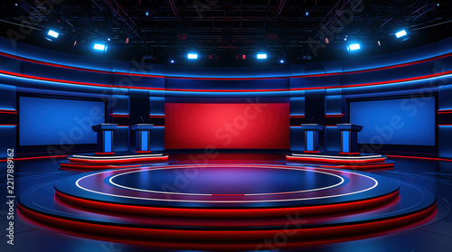 Modern Television Debate Studio With Circular Stage Podium Lecterns And Glowing Blue And Red Neon Lights