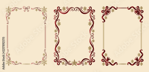 Set of Christmas frames with red ribbons and golden snowflakes for winter holiday greeting cards.