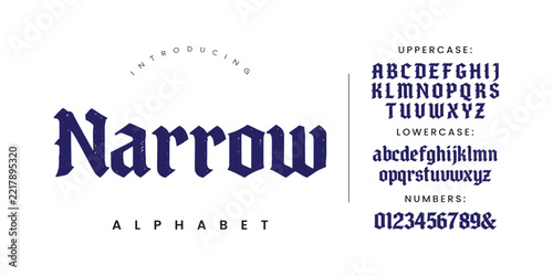 Narrow alphabet gothic typography design set for vintage branding and retro poster projects