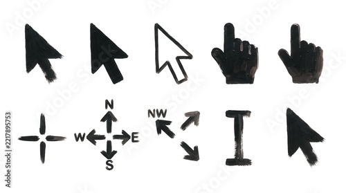 Collection of various black computer cursors and hand icons on a plain white background