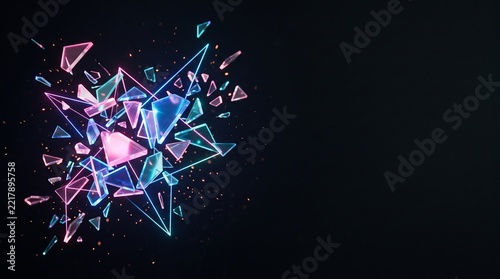Abstract background with glowing neon shards and broken glass fragments on dark backdrop.