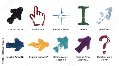 Collection of colorful hand gestures and directional icons isolated on a white background
