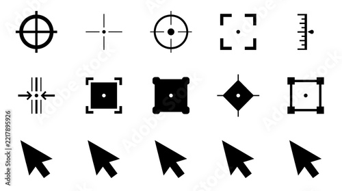 Collection of black targeting reticles cursors and aiming point symbols on a white background