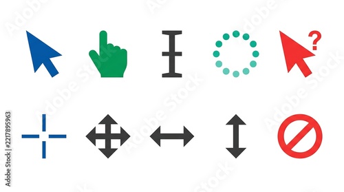A diverse set of computer cursors and icons illustrating typical actions and user interface components for digital design
