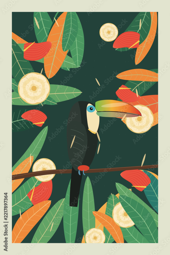 Fototapeta premium Toucan perched on branch in lush tropical jungle leaves and flowers, vector illustration 