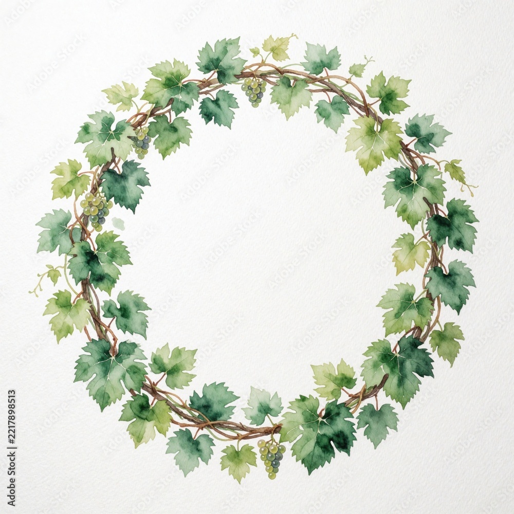 Fototapeta premium Hand painted watercolor grapevine wreath with green leaves, juicy grape bunches. Circular floral frame made of vine branches, berries. Natural organic design element for wedding invitation, wine