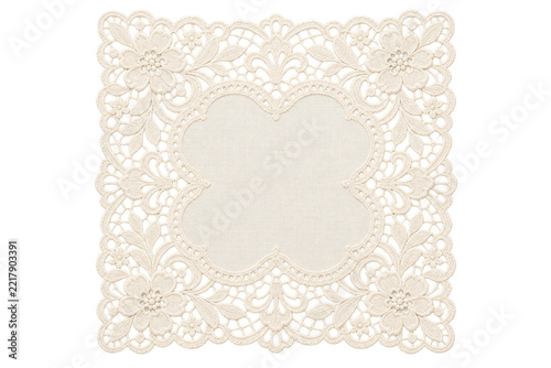 Ivory square lace doily with floral corner detail isolated on clear background for wedding invitations, bridal stationery, menu cards, and elegant table decor