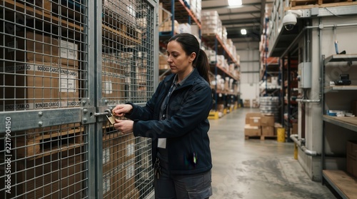 Warehouse Custodian Unlocking Bonded Cargo Cage with Heavy Padlock
