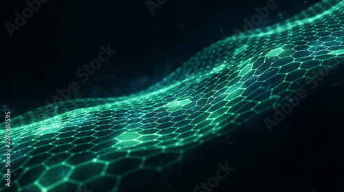 Futuristic green hexagonal mesh wave flowing on dark black background with glowing particles for abstract digital technology blockchain network concept