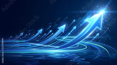 Abstract Business Growth Concept with Glowing Arrows Rising on Digital Background
