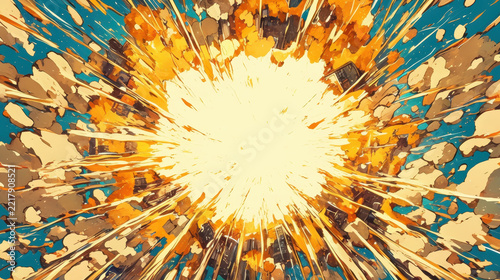 Vivid explosion graphic, bright colors radiating outward, symbolizes intense energy and dramatic impact, ideal for action themes.