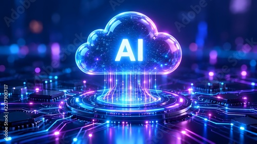 Futuristic Cloud Computing and Artificial Intelligence AI Concept on Glowing Digital Circuit Board