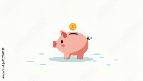 Cute Pink Piggy Bank Illustration with Floating Gold Coin for Financial Savings and Investment Growth Concepts