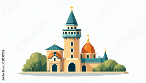 Clean vector illustration of a historic architectural landmark with majestic towers, elegant domes, and stylized trees, ideal for travel and cultural heritage design concepts