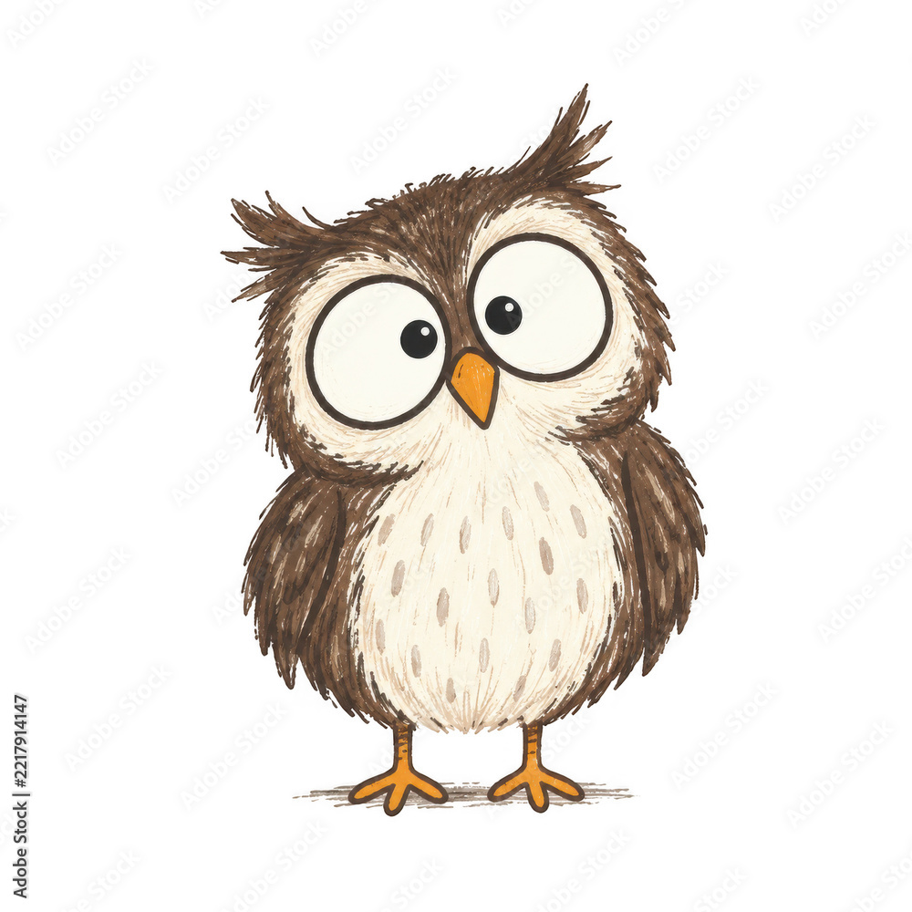 Obraz premium Hand-drawn cartoon owl standing on transparent background. Cute woodland animal illustration. Children’s book character and nursery decor. Educational wildlife design. Funny clipart