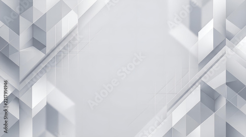 Clean white abstract geometric background with three dimensional shapes and subtle grid lines