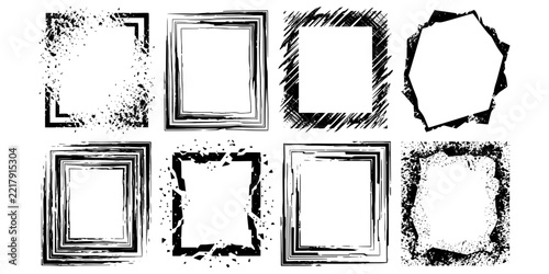Set of Eight Hand Drawn Grunge Rectangular Photo Frames with Distressed Texture and Artistic Brush Stroke Borders for Creative Design