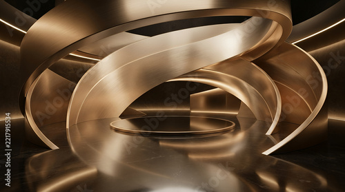 Modern golden stage podium with metallic curved ribbons for displays.