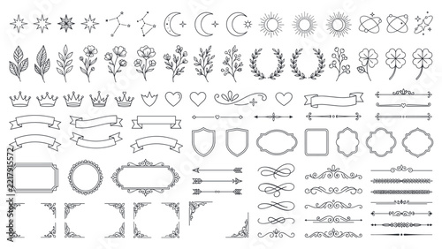 Minimalist hand drawn line art elements for design and decoration.