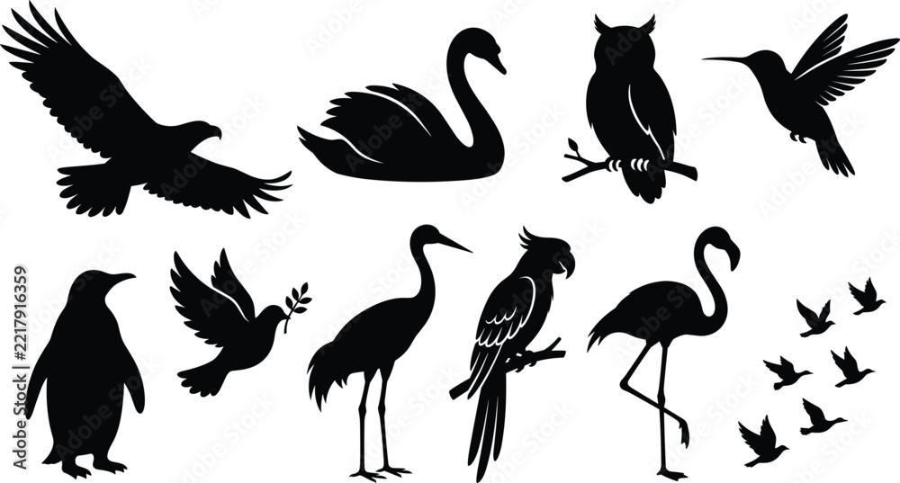 Fototapeta premium Collection of various bird silhouettes including eagle, swan, owl, hummingbird, penguin, dove, crane, parrot and flamingo