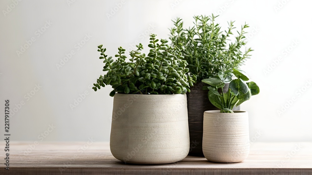Naklejka premium Three potted green plants sit on a wooden surface against a plain white background showcasing natural textures and simple design