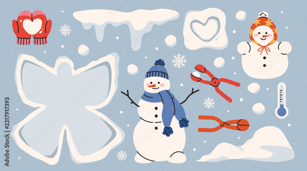 Fototapeta premium Winter Snowman and Snow Activities Set