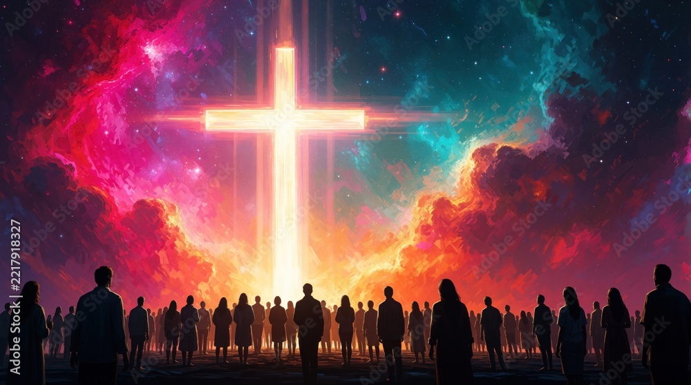 Fototapeta premium Crowd of people silhouettes look up at huge glowing cross in colorful nebula sky. Spiritual community worships divine light amidst cosmic clouds. Faith, hope, religious celebration in dreamlike