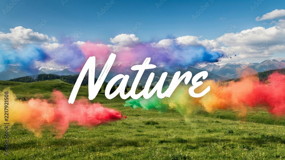 Fototapeta premium Vibrant multicolored powder smoke clouds drifting across a picturesque open green meadow landscape under a bright blue sky with fluffy white clouds
