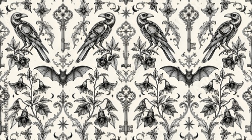 Gothic seamless pattern with ravens bats keys and flowers