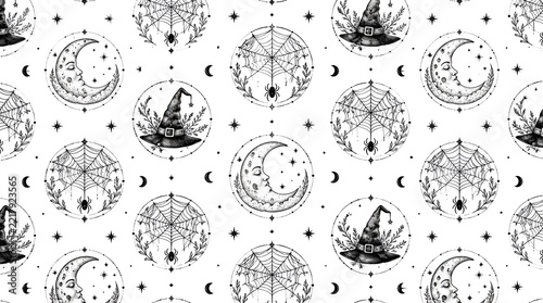 Seamless pattern with witch hats, crescent moons and spiders