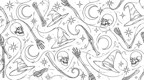 Seamless pattern with witch hats, human skulls, and stars