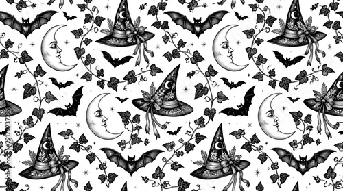 Witch hat moon and bat seamless pattern halloween background