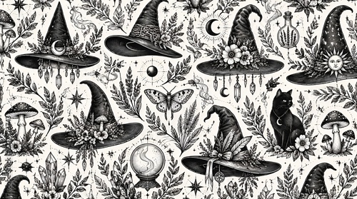 Witch hat seamless pattern with black cat and crystals