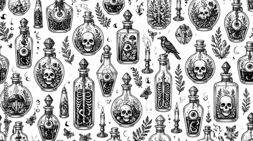Witchcraft magic potion bottles pattern with skulls and eyes