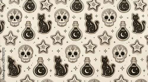 Witchcraft pattern with black cats skulls and magic potions