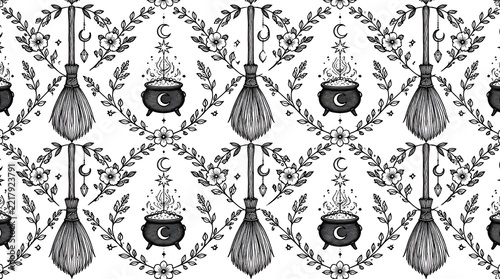 Witchcraft seamless pattern with brooms, cauldrons, and floral elements
