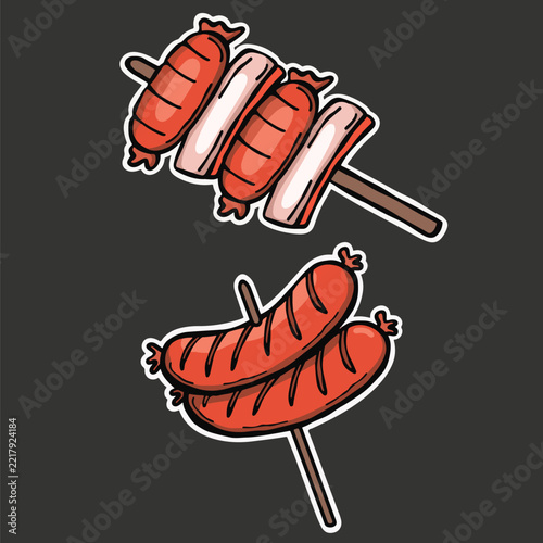 Sausage Bacon Satay Street Food Sticker Doodle Vector Cute Illustration