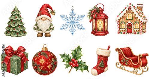 Christmas tree Santa gnome snowflake lantern gingerbread house gift box ornament holly stocking sleigh festive holiday winter red green decoration celebration cheerful traditional seasonal