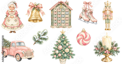 Christmas decor illustration featuring vintage pink truck festive tree nutcracker candle bell ice skates peppermint candy pine branch and holiday grandmother in pastel colors