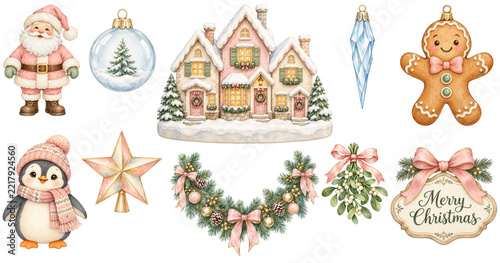 Christmas decor illustration featuring festive house Santa gingerbread cookie penguin ornaments wreath mistletoe and holiday sign in pastel colors for joyful seasonal design