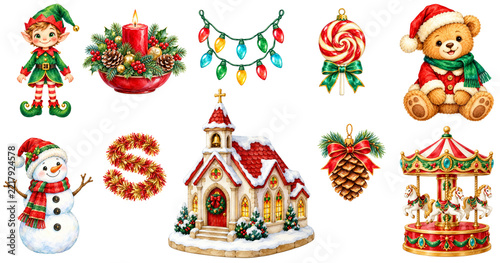 Christmas elf red candle holiday lights lollipop teddy bear snowman wreath letter church pinecone ornament carousel festive winter joyful traditional celebration