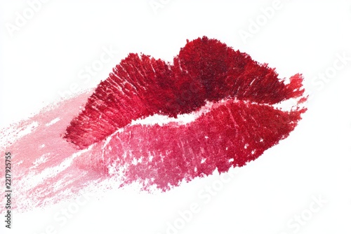 Red lipstick kiss print with grainy texture and soft pink smeared trail, lips shaped smudge with red to pink gradient isolated on clean white background