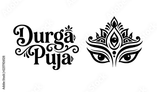Durga Puja Festival Typography and Durga Eye Vector Logo Design