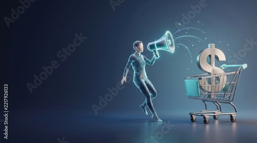 Digital Marketer Shouting Through Megaphone Towards Shopping Cart